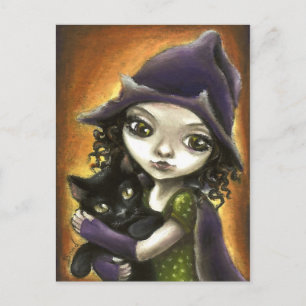 Kleine Hexe und schwarzes Kätzchen Postkarte