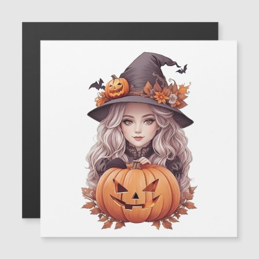 Kleine Hexenmädchen mit Kürbis Magnetkarte (Vorne/Hinten)
