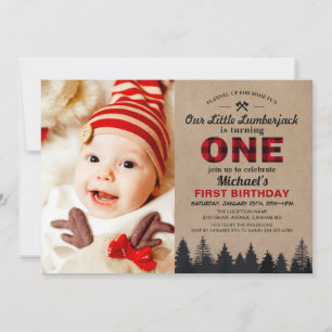 Kleine Holzfäller Erste Geburtstagsfeier Baby-Foto Einladung