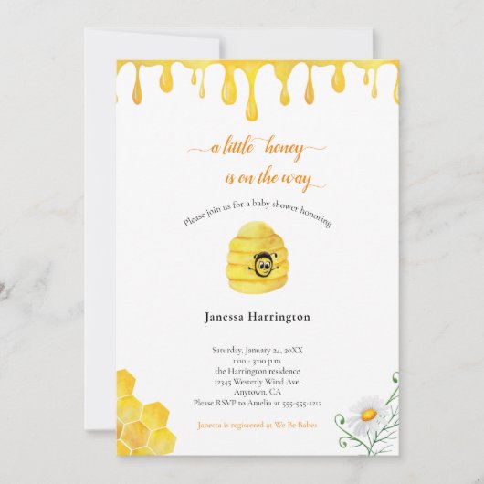 Kleine Honey Bee Watercolor Babydusche Einladung (Vorderseite)