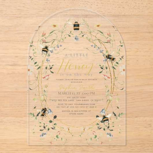 Kleine Honey Wildblume Bee Baby Dusche Acryleinladungen (Vorderseite)