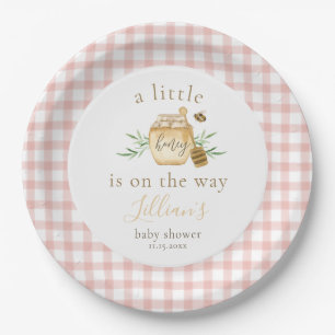 Kleine Honig auf dem Weg Rosa Gingham Baby Shower Pappteller