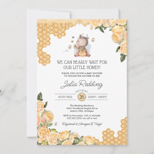 Kleine Honigbär & Bee Yellow Floral Baby Dusche Einladung (Vorderseite)