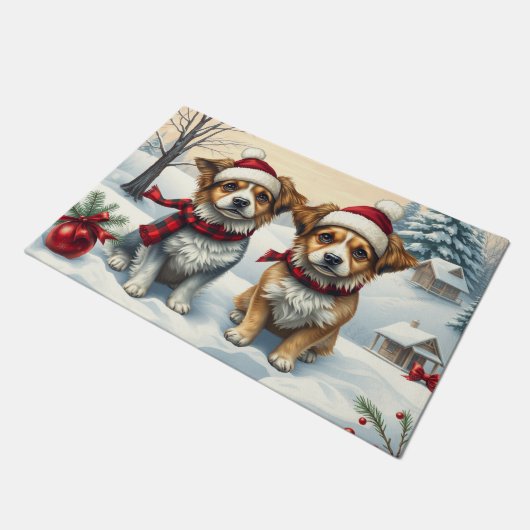 Kleine Hunde in Preppy Winter Attraktion und Hat W Fußmatte (Schrägansicht)