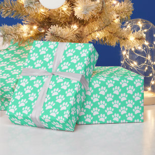 Kleine Hundpfoten-Druckmuster in Weiß und Türkis Geschenkpapier
