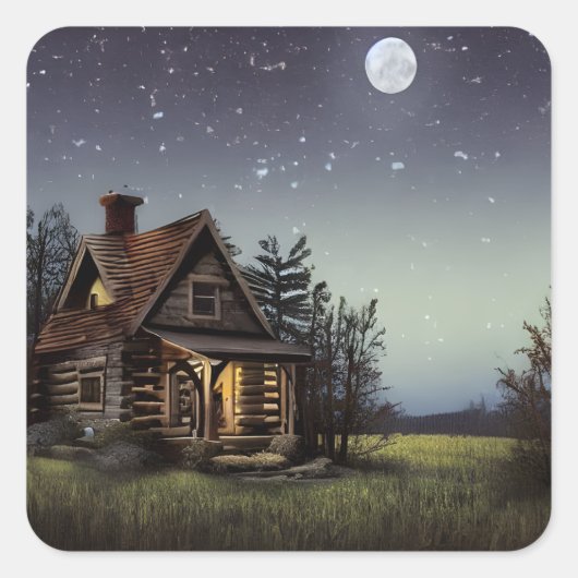 Kleine Hütte im Mondschein Quadratischer Aufkleber (Vorderseite)