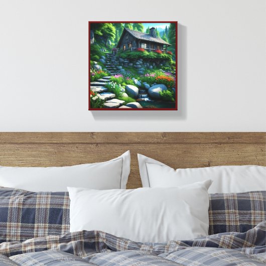 Kleine Hütte in Wäldern, die von Foliage überwuche Leinwanddruck (Insitu (Schlafzimmer))