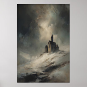 Kleine Kapelle auf schneebedecktem Hügel, gotische Poster