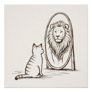 Kleine Katze sieht Spiegelbild des Löwen im Spiege Poster