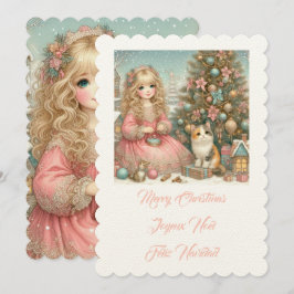 Kleine Katze und Mädchen, frohe Weihnachten Einladung