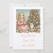 Kleine Katze und Mädchen, frohe Weihnachten Einladung (Vorderseite)