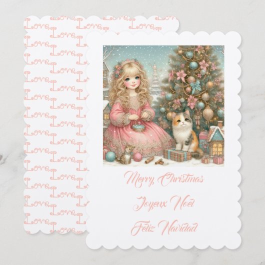 Kleine Katze und Mädchen, frohe Weihnachten Einladung (Vorne/Hinten)