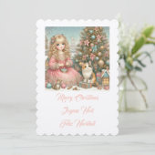 Kleine Katze und Mädchen, frohe Weihnachten Einladung (Stehend Vorderseite)