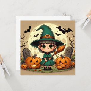 Kleine kawaii Hexe mit Halloween‑Kürbissen Einladung