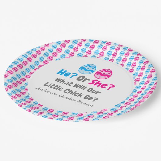 Kleine Kick Gender Reveal Pappteller (Schrägansicht)