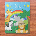 Kleine Kinder Safari Jungle Tiere und Vorname Puzzle<br><div class="desc">Fügen Sie dem Schlafzimmer- oder Kinderzimmer-Spiel Ihrer kleinen Junge oder Dame ein niedliches buntes Dschungelmotiv hinzu mit diesem bezaubernden Puzzle für Safari. Puzzle hat Zebra, Giraffe, Elefanten und Löwen, alle in der Nähe einer Palme, einem Regenbogen und hellen sonnigen Sternen. Der Name deines kleinen Kindes vervollständigt das Aussehen. Dieses Puzzle...</div>