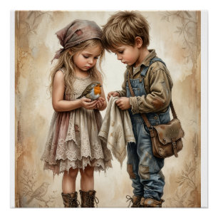 Kleine Kinder stehen zusammen in Vintage-Outfits Poster