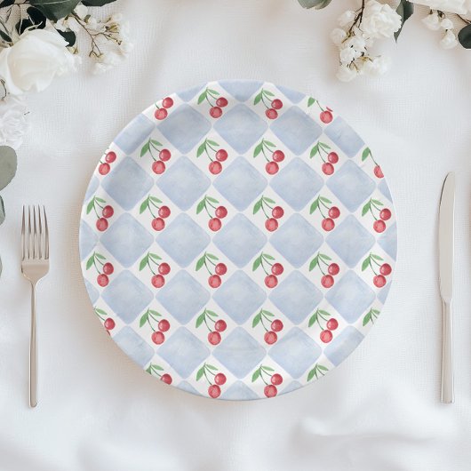 Kleine Kirsche auf dem Weg Blue Baby Boy Dusche Pappteller