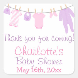 Kleine Kleidung Pink & Lila Baby Dusche Party Quadratischer Aufkleber