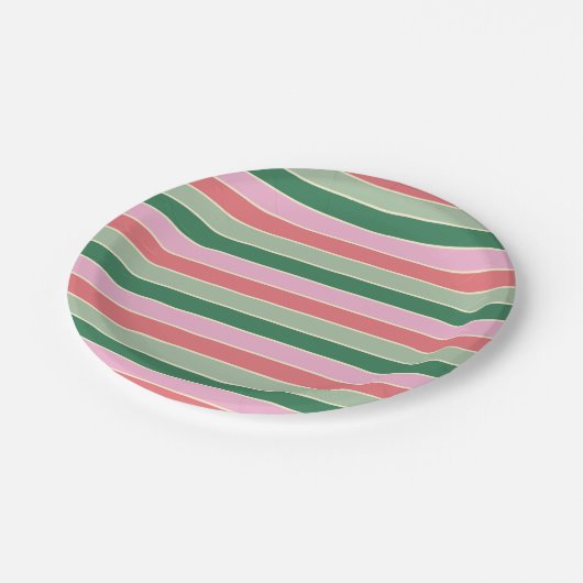 Kleine Korallen, rosa und grüne Streifen Pappteller (Schrägansicht)