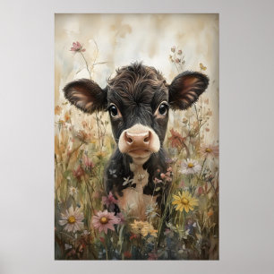 Kleine Kuh in Wildblumen-Druck, Kalb Ostern Poster