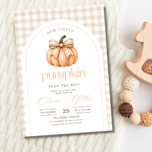 Kleine Kürbis-Baby-Party Neutrales Gingham-Band Einladung