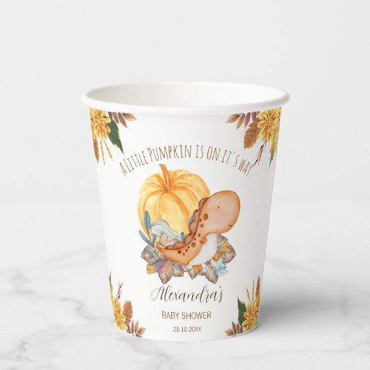 Kleine Kürbis-Dinosaurier-Herbstdusche Pappbecher (Rückseite)