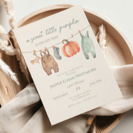 Kleine Kürbis Herbstkleidung Junge Babyparty Einladung