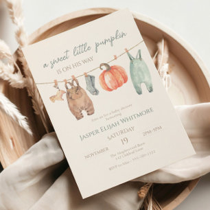 Kleine Kürbis Herbstkleidung Junge Babyparty Einladung