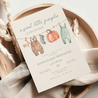 Kleine Kürbis Herbstkleidung Junge Babyparty Einladung