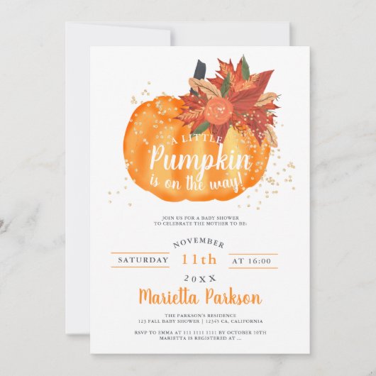 Kleine Kürbis-Orangenbraten-Dusche Einladung (Vorderseite)
