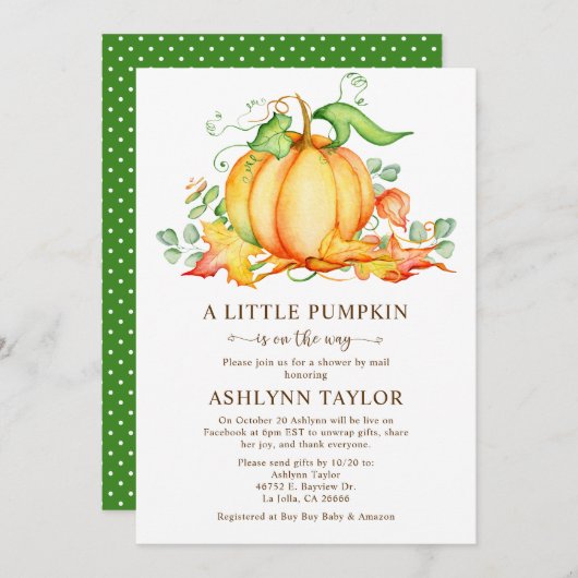 Kleine Kürbis per Mail Kinderdusche Einladung (Vorne/Hinten)