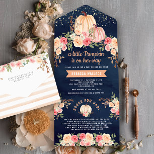 Kleine Kürbis-Rosa-Pfirsich-Blumen-Navy-Baby-Party All In One Einladung