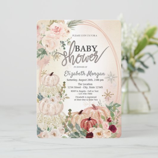 Kleine Kürbis, Rose, Schneeflocken Kinderdusche Einladung (Stehend Vorderseite)