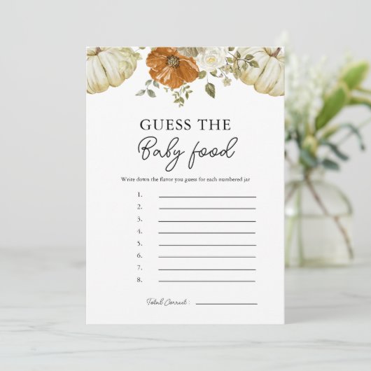 Kleine Kürbis schätzen die Baby Food Game Card Einladung (Stehend Vorderseite)