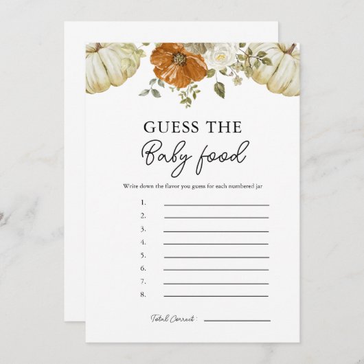 Kleine Kürbis schätzen die Baby Food Game Card Einladung (Vorne/Hinten)