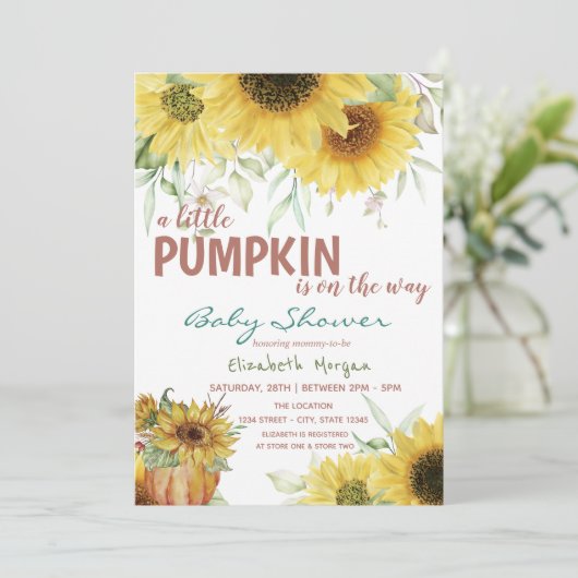 Kleine Kürbis Sonnenblumen, Dots Baby Dusche Einladung (Stehend Vorderseite)