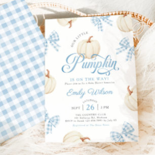 Kleine Kürbisblaue Schleifen Gingham-Baby-Party Einladung