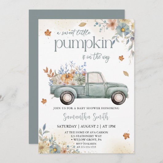 Kleine Kürbisgrün LKW Herbstdusche Einladung (Vorne/Hinten)