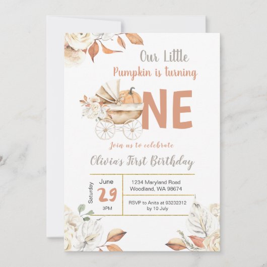 Kleine Kürbiskutsche fällt einen Geburtstag um Einladung (Vorderseite)