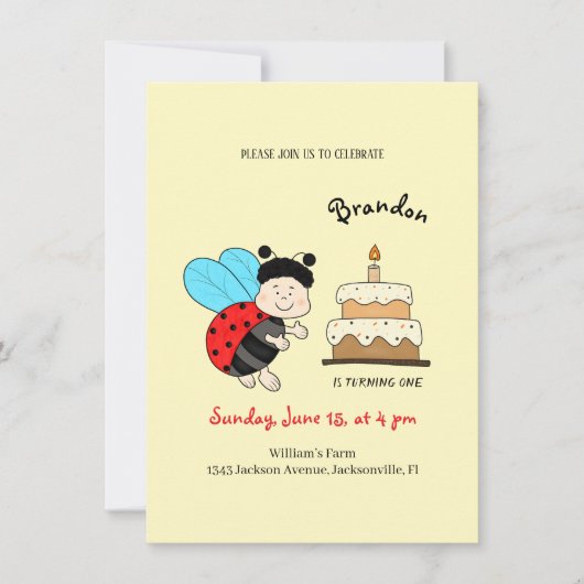 Kleine Ladybug mit Kuchen Einladung (Vorderseite)