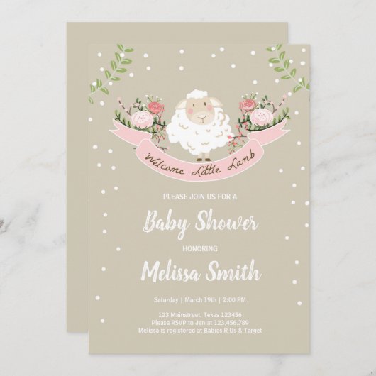 Kleine Lamm-Dusche Einladung Rosa Frühling (Vorne/Hinten)