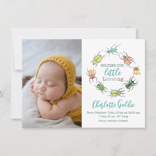 Kleine Liebe Bug Baby Announcement Foto Card Dankeskarte (Vorderseite)