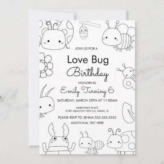 Kleine Liebe Bug Birthday Color Einladung (Vorderseite)