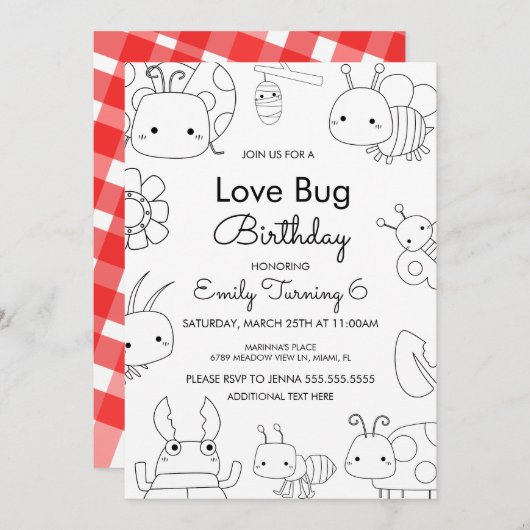 Kleine Liebe Bug Birthday Color Einladung (Vorne/Hinten)