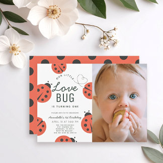 Kleine Liebe Bug Ladybug Girl 1. Geburtstag Foto Einladung
