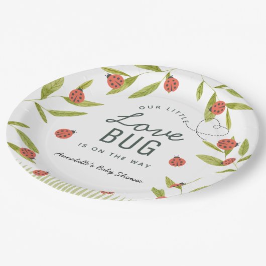 Kleine Liebe Bug Ladybug Leaf Babydusche Pappteller (Schrägansicht)