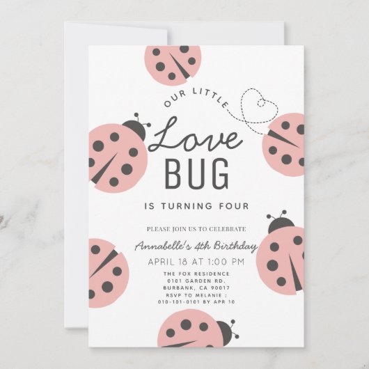 Kleine Liebe Bug Light Pink Ladybug Geburtstag Einladung (Vorderseite)