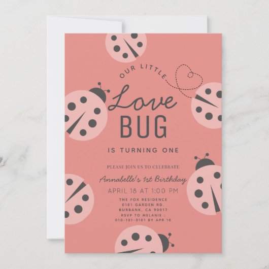 Kleine Liebe Bug Pink Ladybug 1. Geburtstag Einladung (Vorderseite)