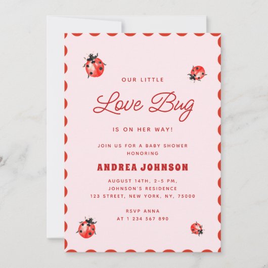 Kleine Liebe Bug Pink & Red Ladybug Kinderdusche Einladung (Vorderseite)